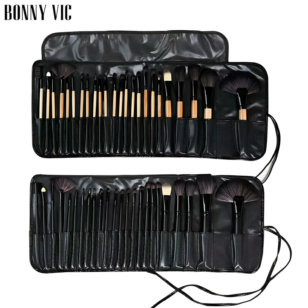 24 piece makeup brush set with wooden colour handles, animal hair and nylon bristles, and PU bag