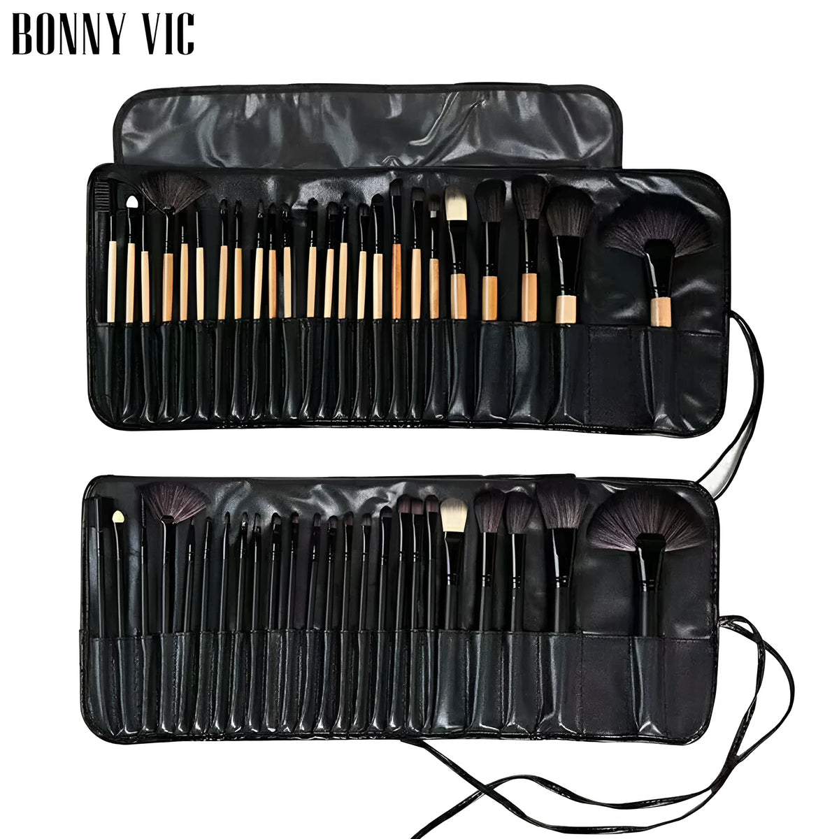 24 piece makeup brush set with wooden colour handles, animal hair and nylon bristles, and PU bag