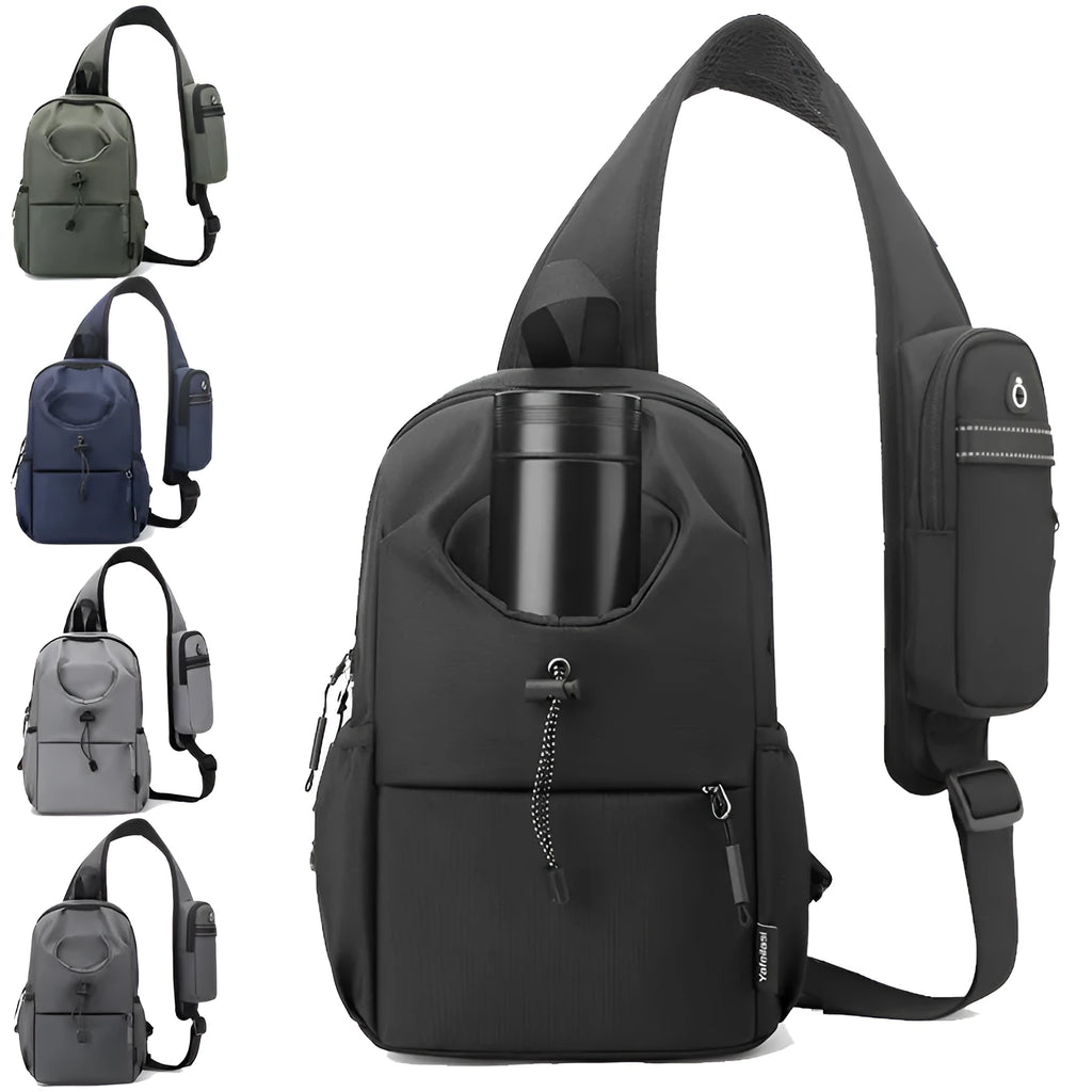 Oxford cloth waterproof shoulder chest bag for men in dark gray, green, black, blue, or light gray.