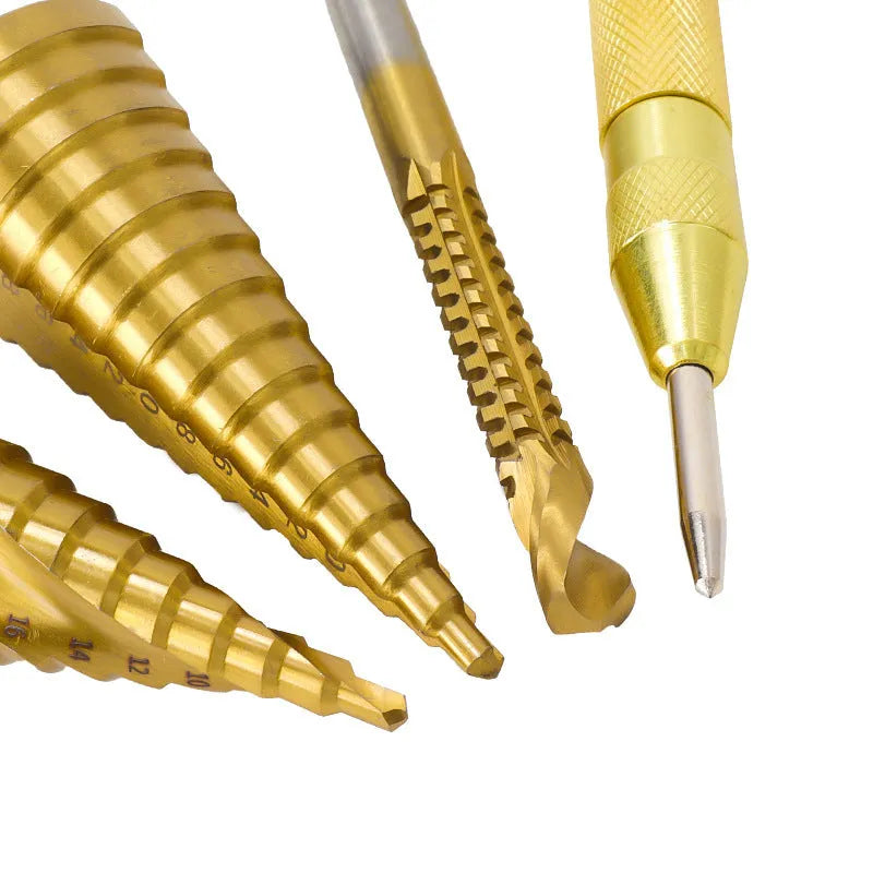 Cone drill bit punch set with high-speed steel step drills and centre punch in colour-coded options