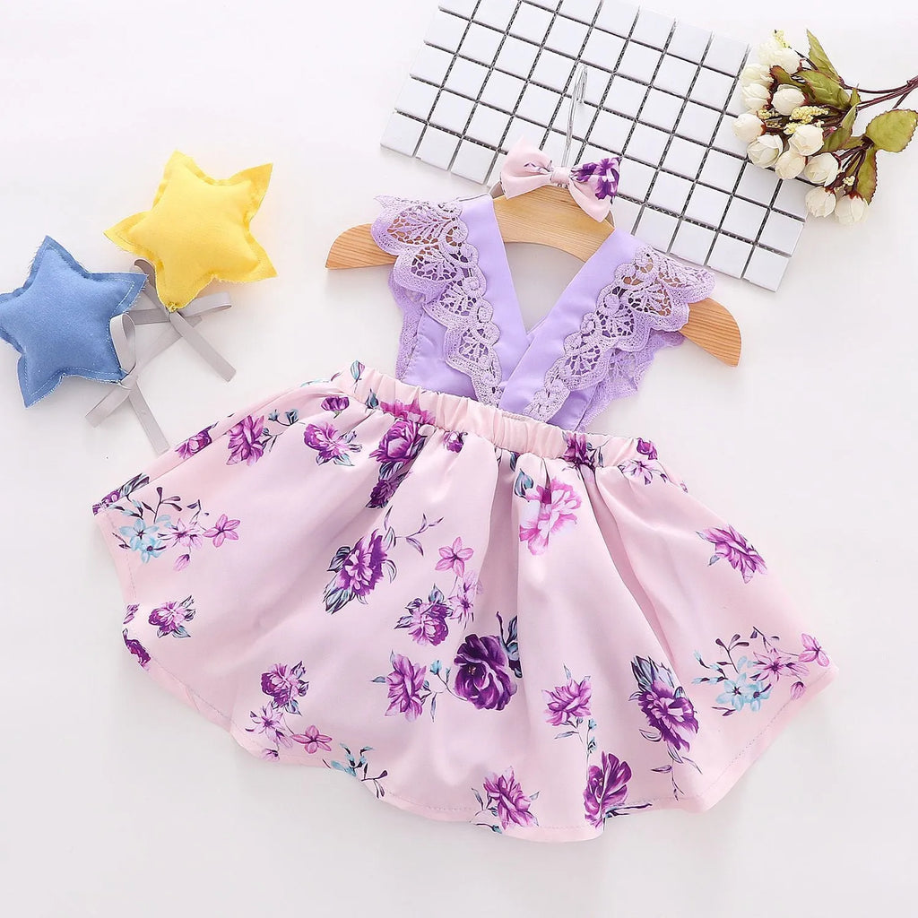 Girls purple sleeveless cotton princess dress with floral print, summer dress for infants and young children, 70-100cm.