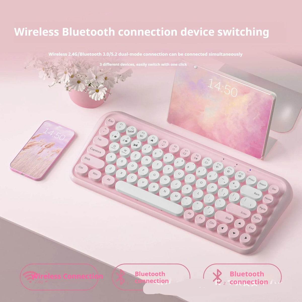 Pink wireless Bluetooth keyboard with 84 keys and crater architecture technology
