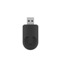 Small black 2-in-1 USB car adapter for wireless CarPlay and data transfer on a dark surface.