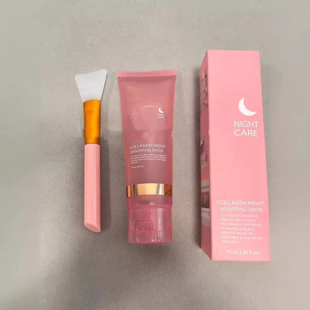 Collagen night face mask in 75ml bottle with application brush for evening skincare