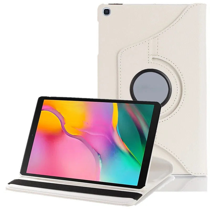 Rotating clamshell iPad protective sleeve in imitation leather, shown in rose red colour.