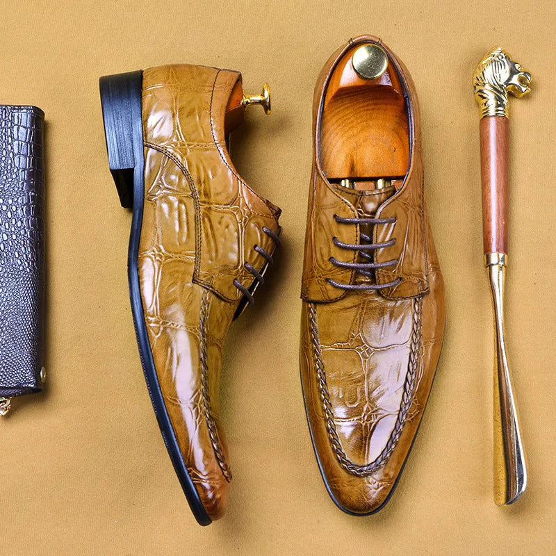 Men's black and brown leather shoes with alligator pattern and horse bit buckle in British business style
