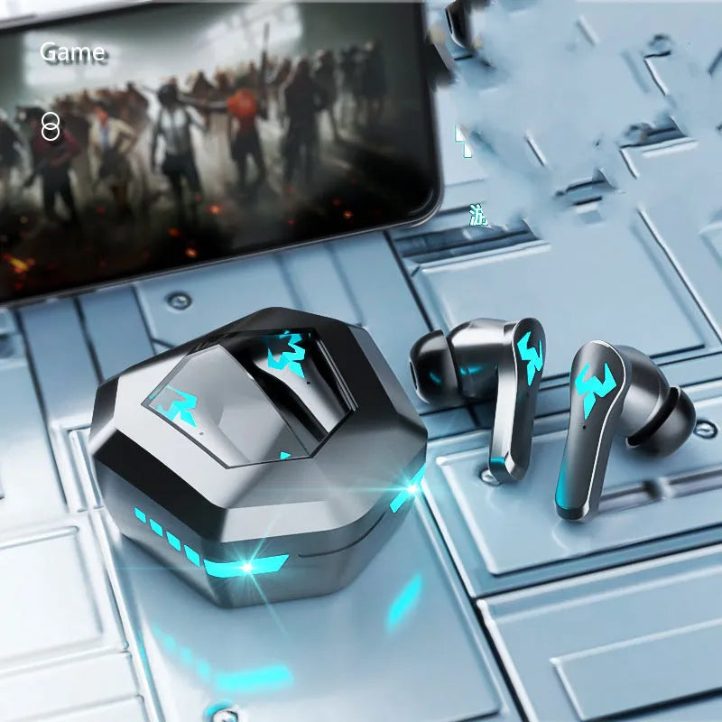 Black wireless Bluetooth in-ear sports gaming headset with bilateral stereo design