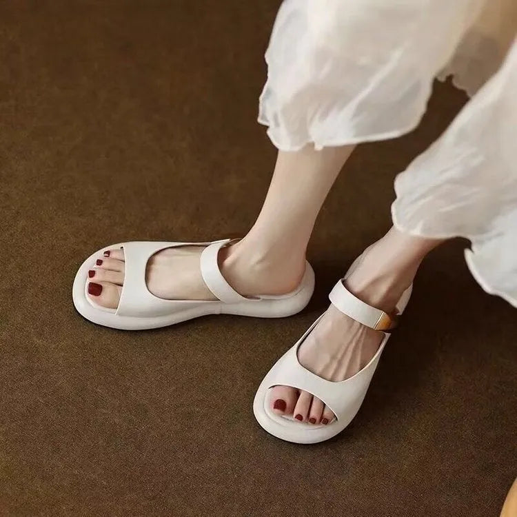 Apricot and white peep toe flat platform sandals with soft leather French design for outdoor casual wear