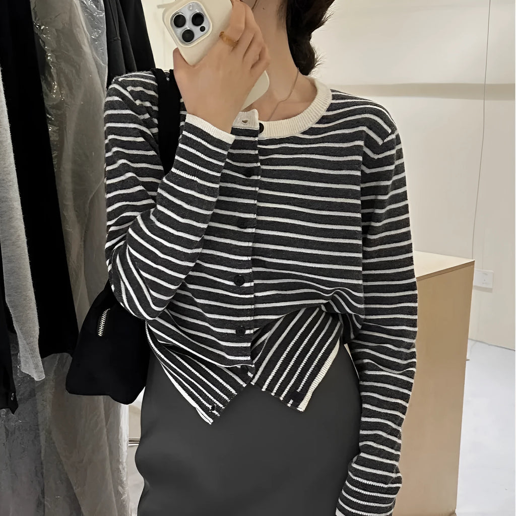 French style women's dark grey striped cardigan coat with 40cm length and white stripe detail