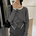 French style women's dark grey striped cardigan coat with 40cm length and white stripe detail