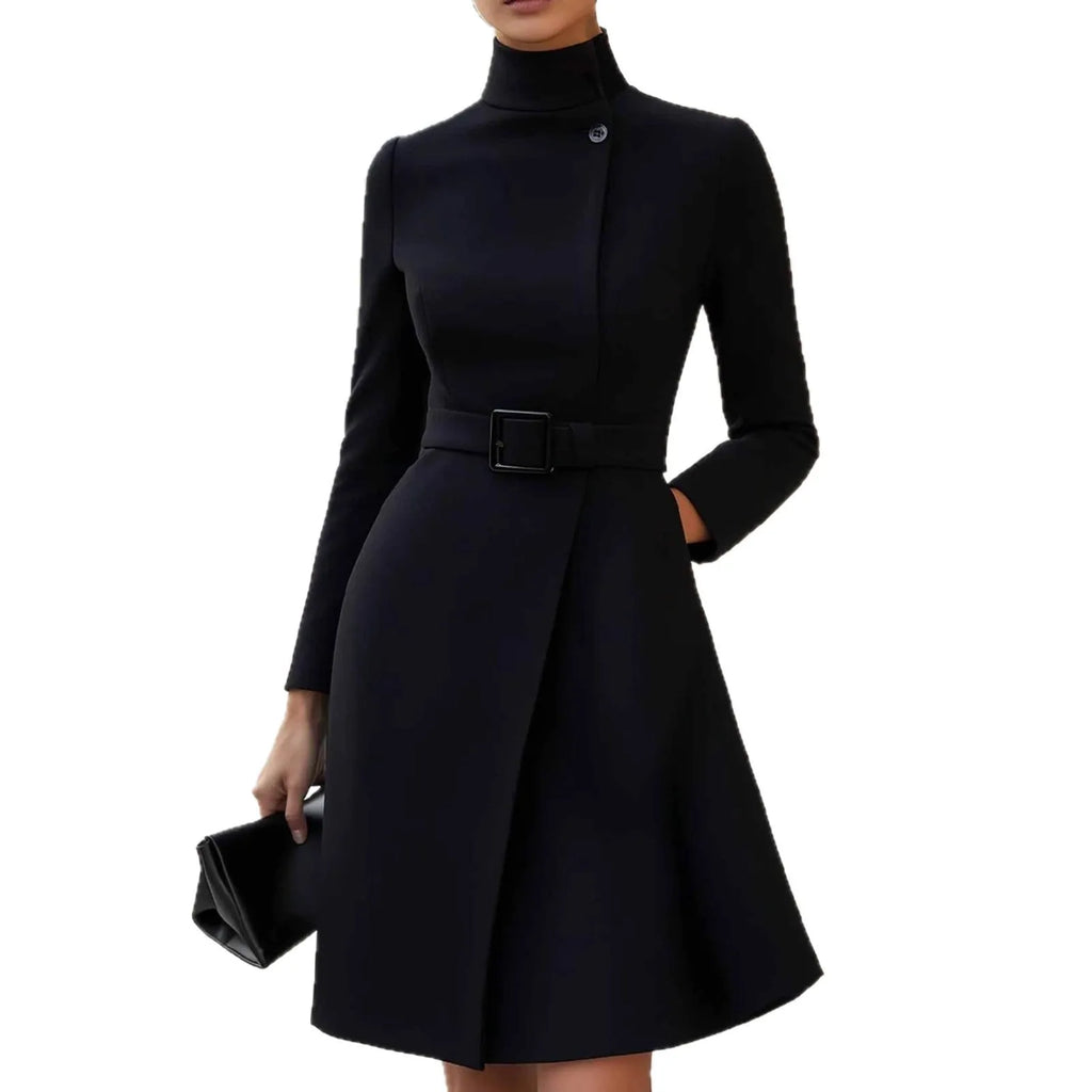 Women's long sleeve bohemian dress with stand collar and high waist in black colour