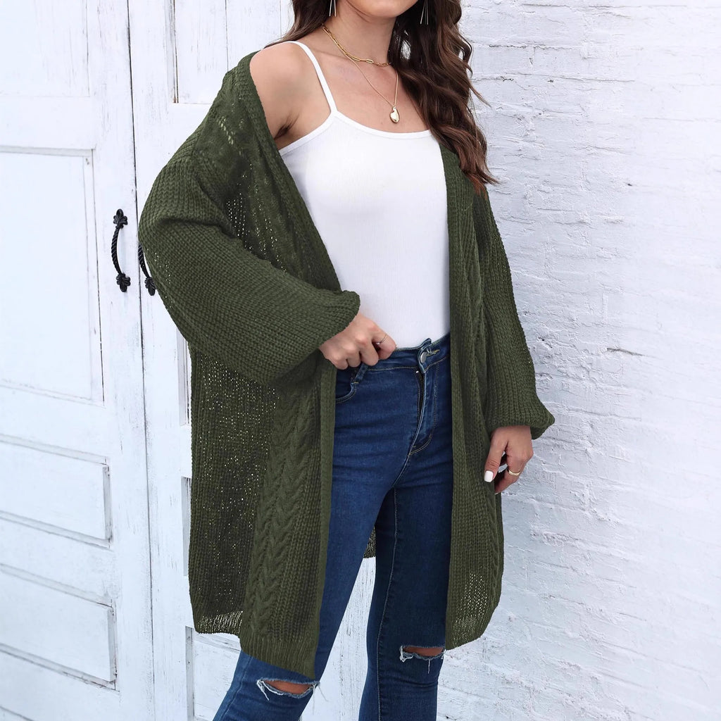 Women's loose acrylic cardigan in army green colour showing front view