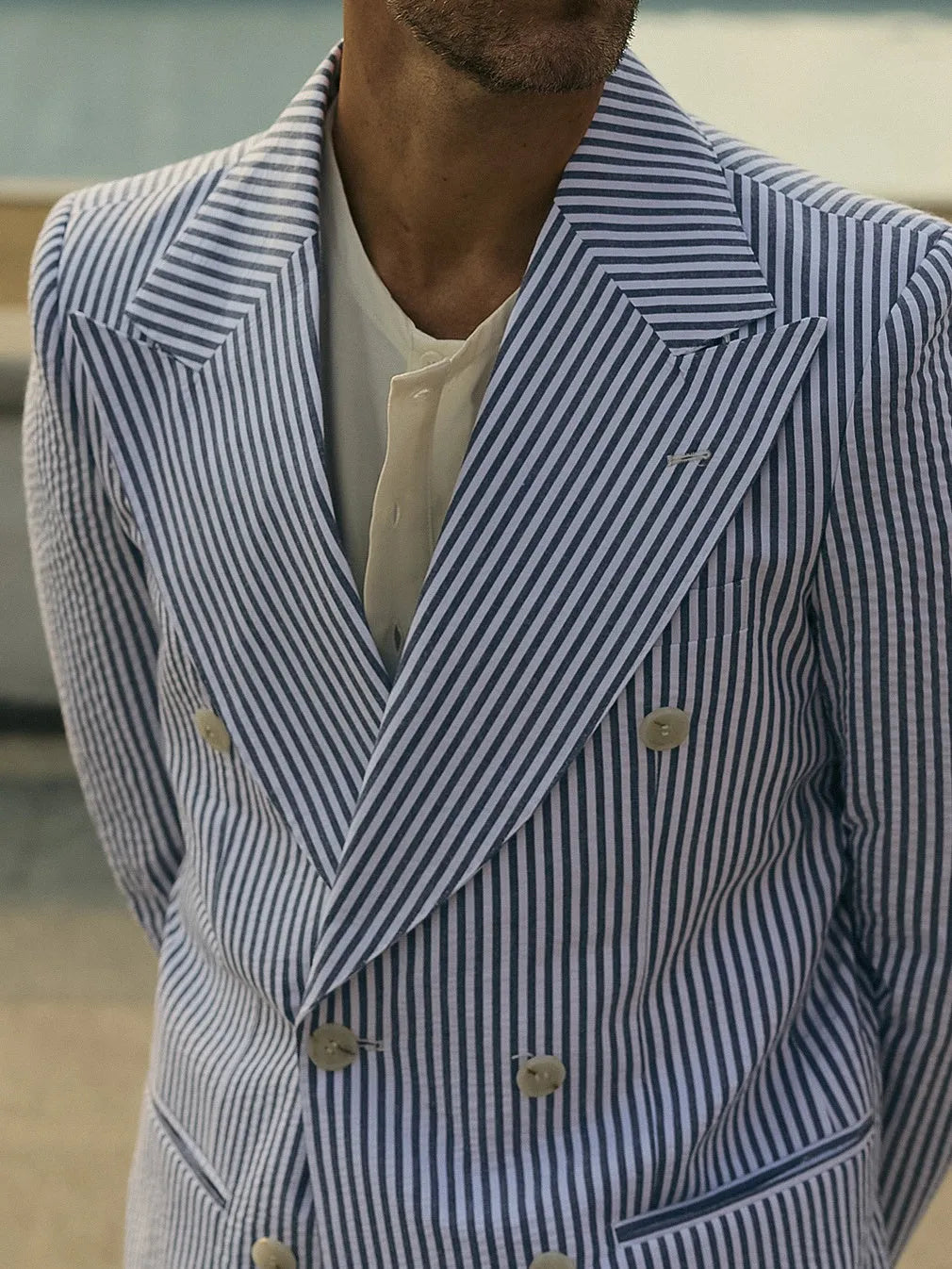 Blue and white striped women's polyester blazer and trouser suit set