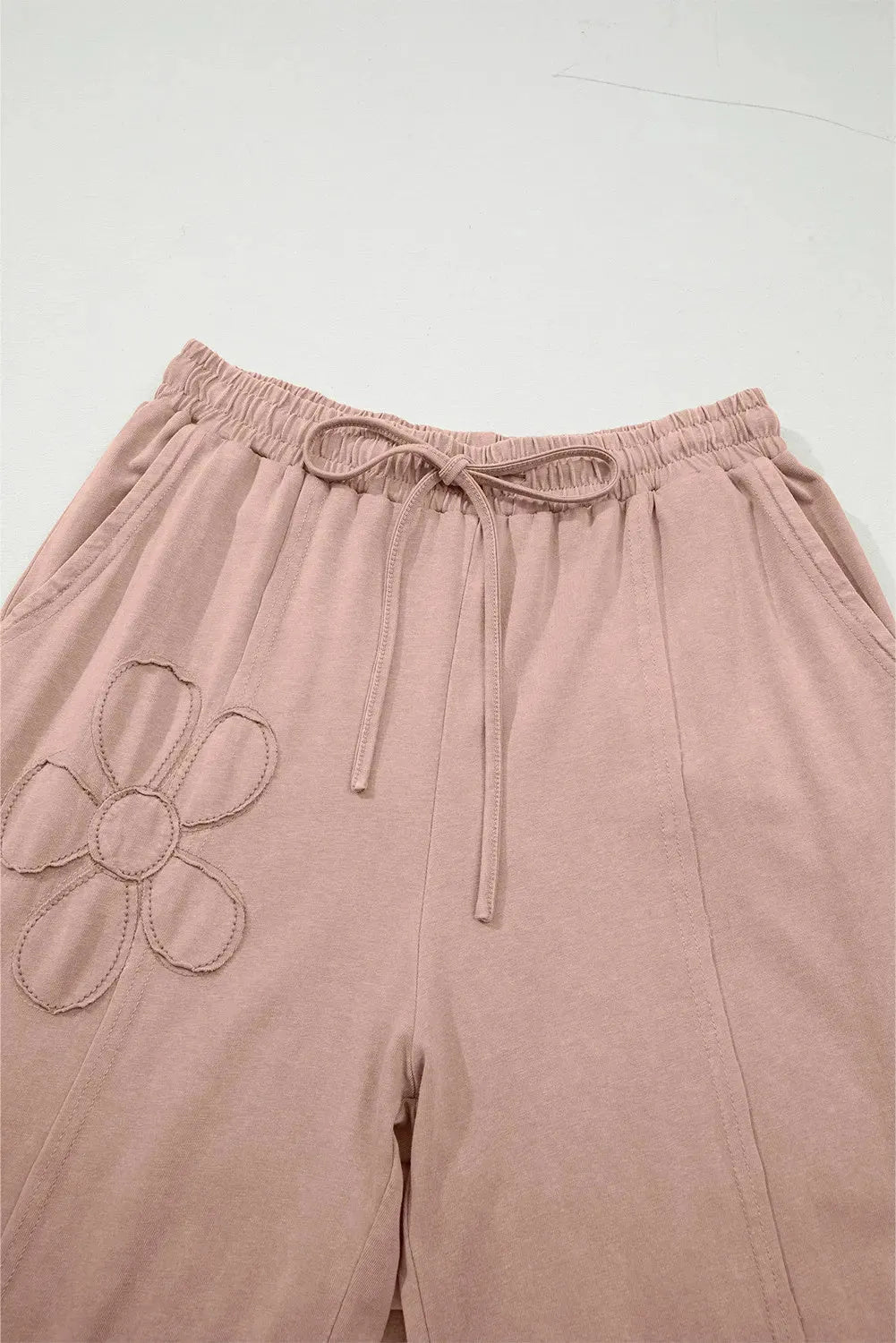 Buckskin 100% cotton terry knit cropped wide leg pants with flower patch detail, sizes S to 2XL