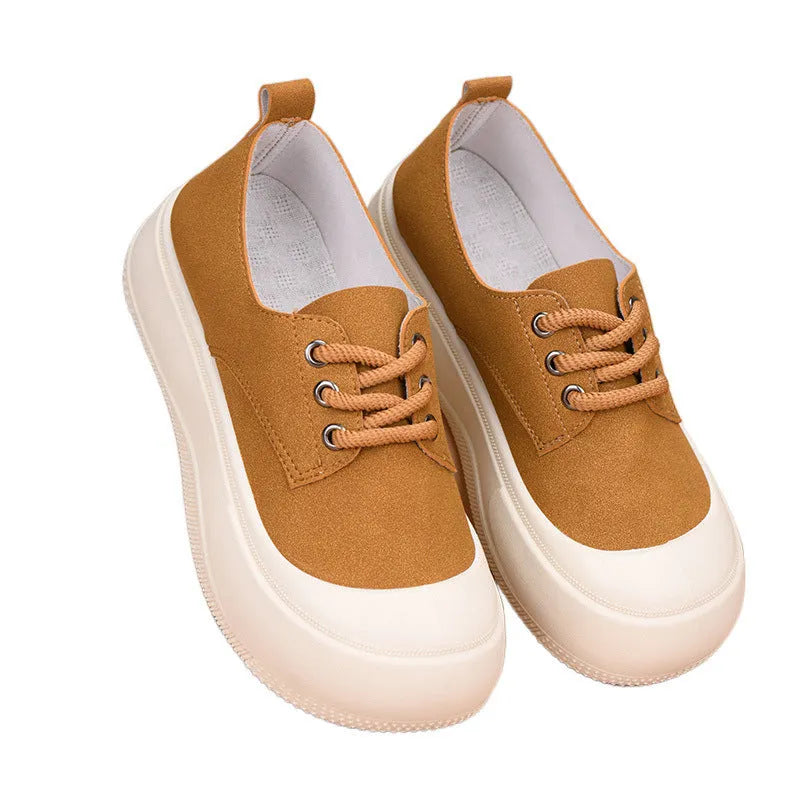 Women's camel suede platform loafers with round toe, flat 4cm heel, and front lace-up.