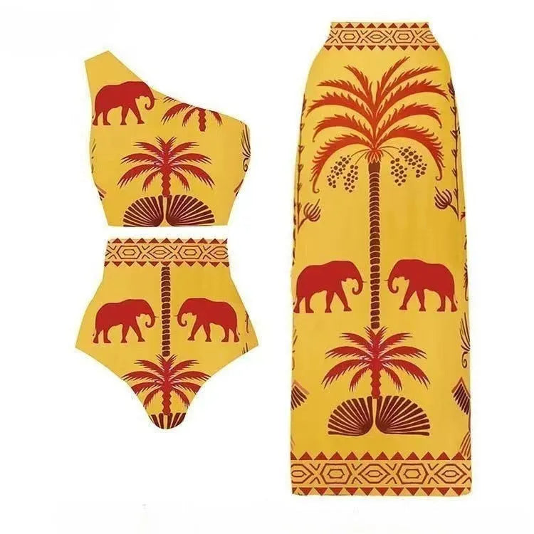 Women's one-piece swimsuit in polyester fabric showing colour options including black and printed designs