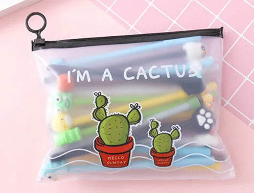 20 black cartoon cactus design pens with 0.5mm tips and a matching plastic pen case.