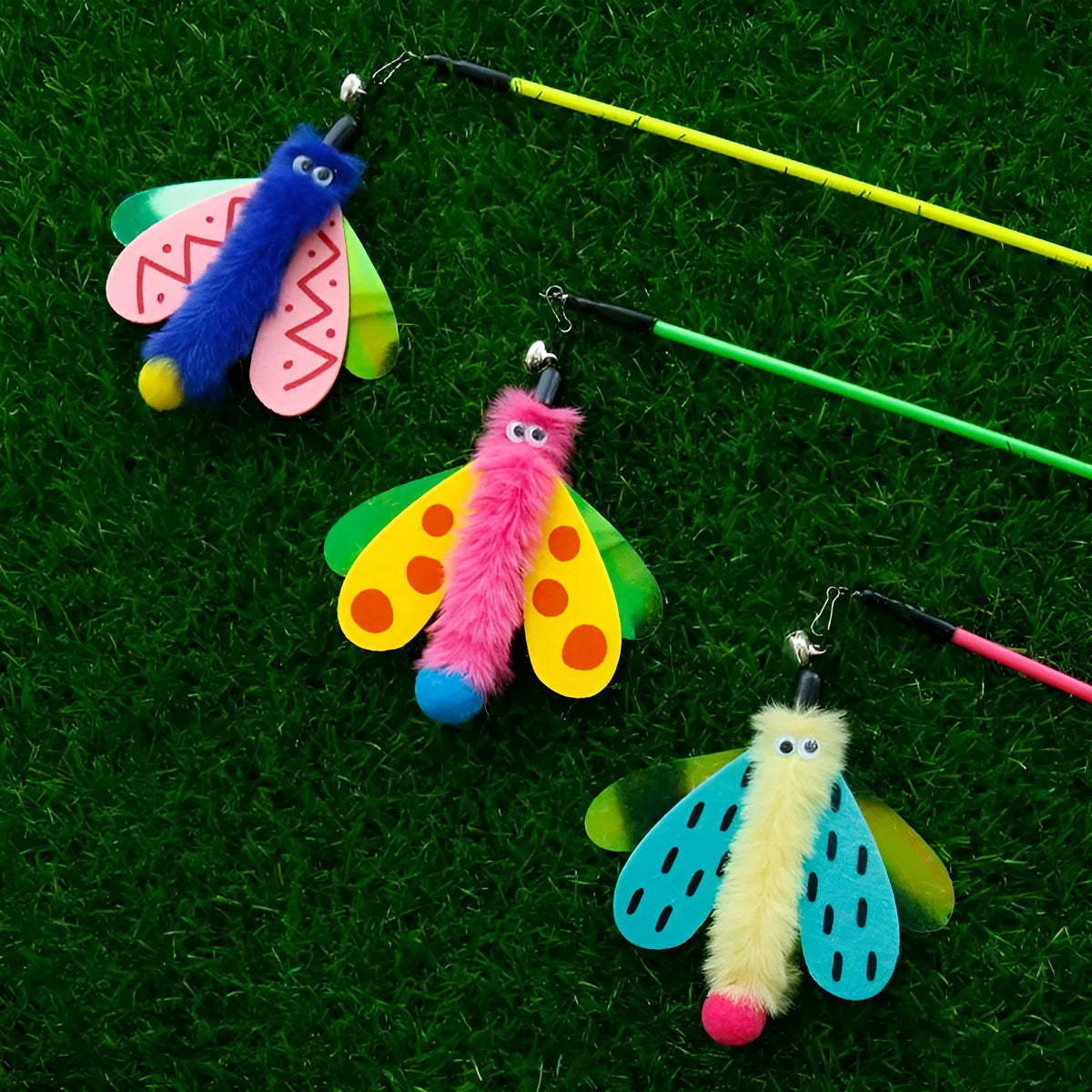 Cat wand toy with dragonfly attachment and bell for interactive indoor play with cats