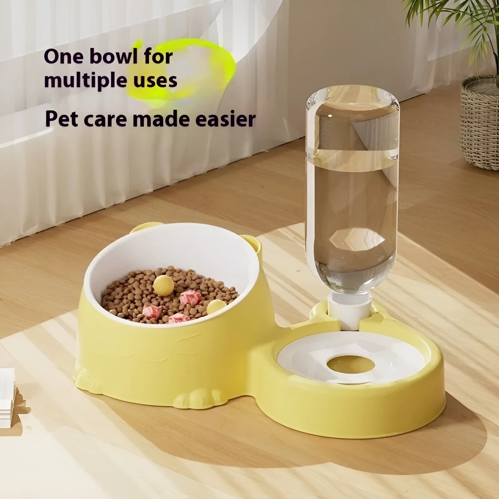 Double bowl automatic pet drinking basin with stainless steel bowls in plastic frame for cats