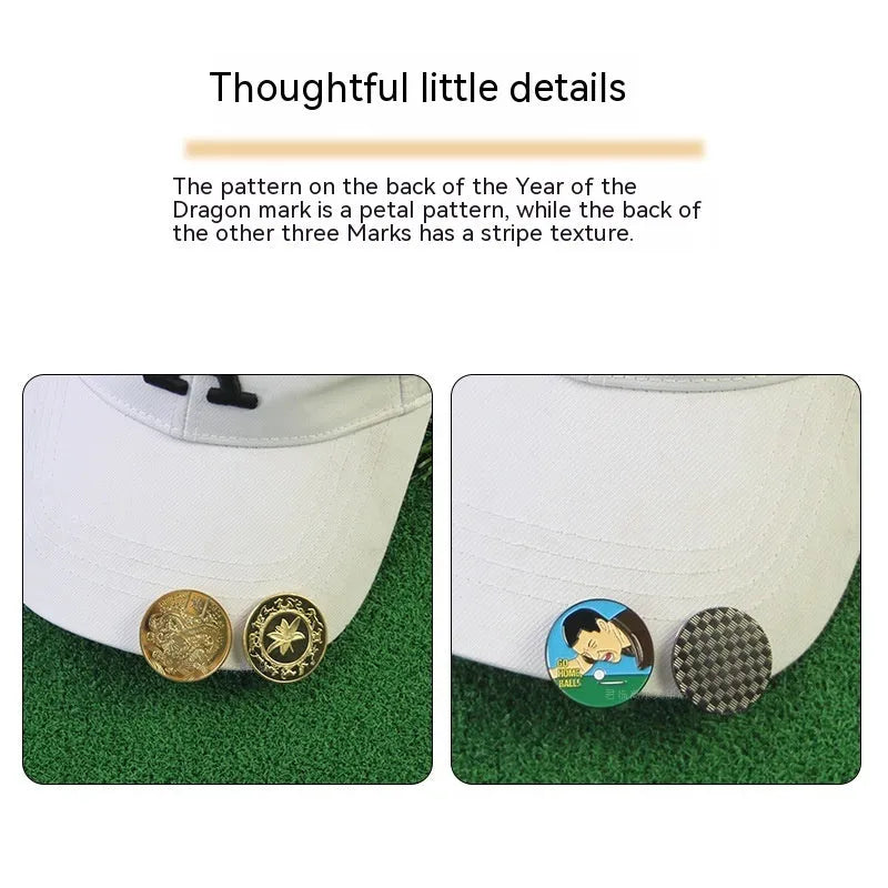 Zinc alloy golf hat clip with personalised painted metal designs including Dragon Year pattern.