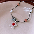 Stone shell beaded flower pendant necklace with adjustable chain in silver-black-red colour option