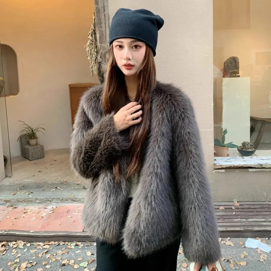 Women's furry chenille coat with princess sleeves, 50cm length, brown or black, sizes S to L