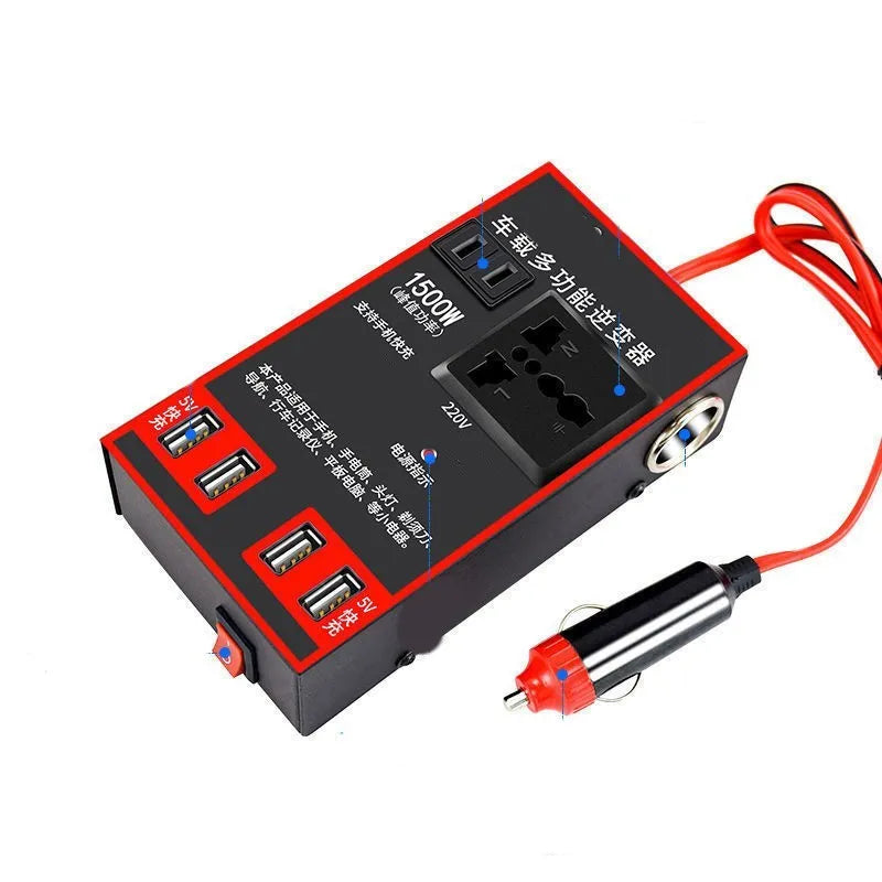 Black automotive power converter transforming vehicle 12V/24V DC to 220V AC with USB charging ports