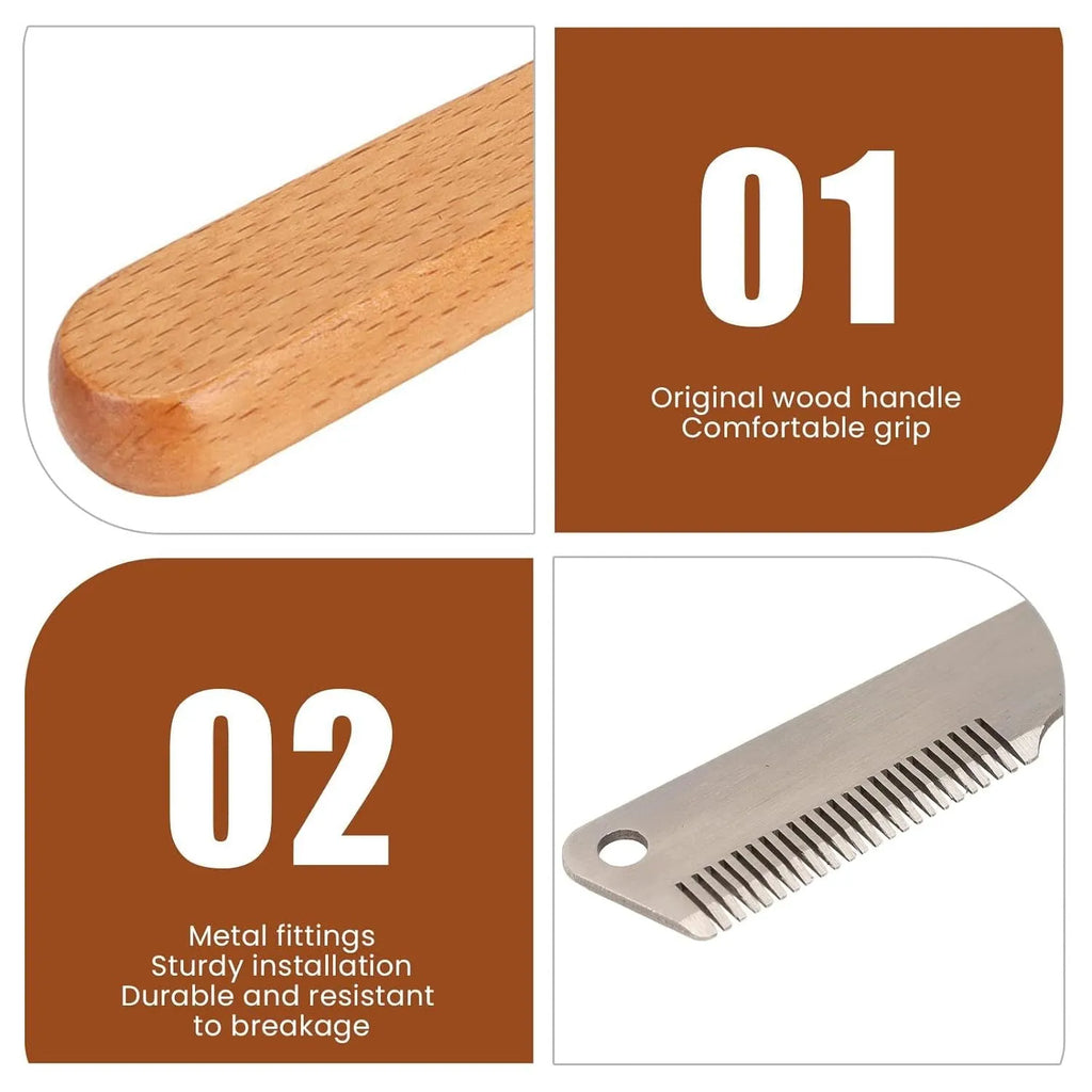 Pet stripping comb grooming tool with wood handle and metal teeth for dogs and cats.