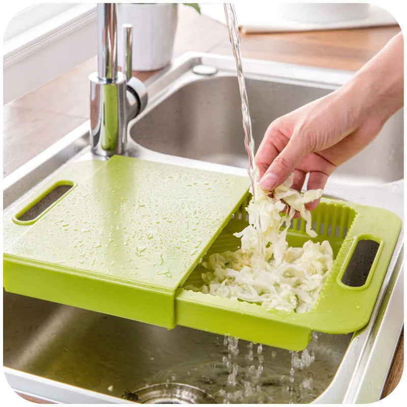 Multifunction kitchen chopping block with sink drain basket in blue, measuring 36x23x4cm, with PP surface and TPE handle