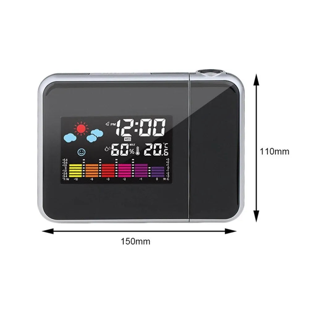 Black digital projection alarm clock showing time, temperature and humidity on its display