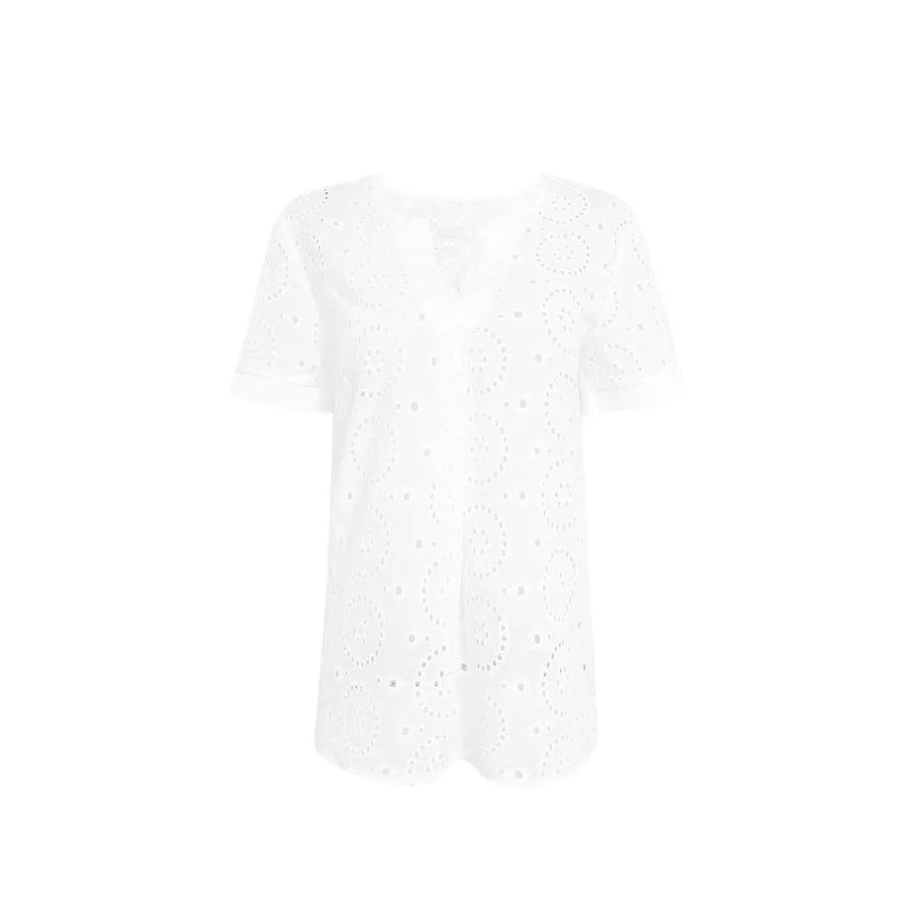 White V-neck t-shirt with hollow out design and short sleeves in loose fit