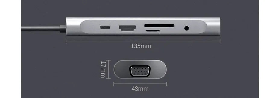 Grey aluminium USB-C docking station with HDMI, VGA, USB 3.0 ports and 140mm cable