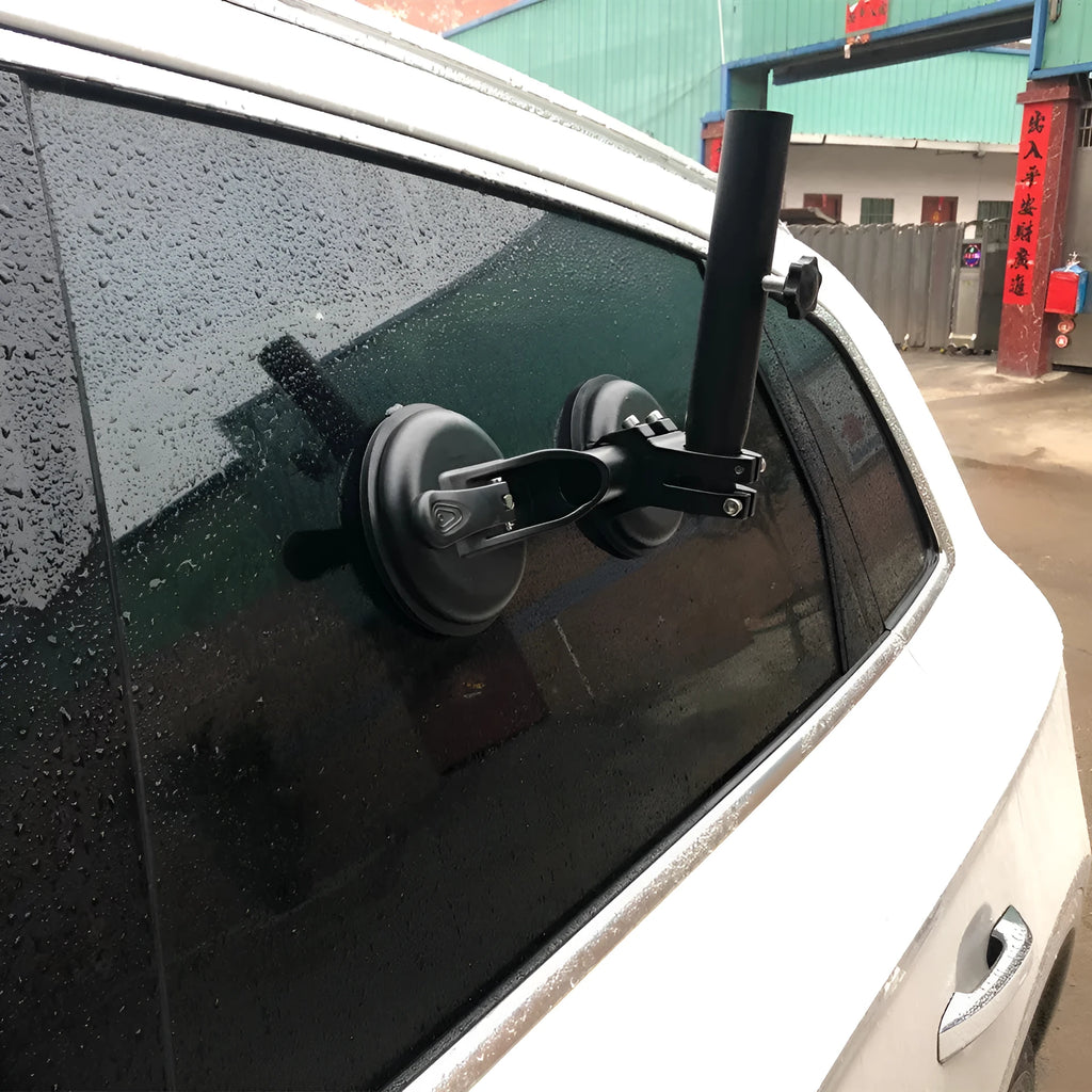 Black car suction cup flagpole base with rubber disc and ABS construction for vehicle window mounting