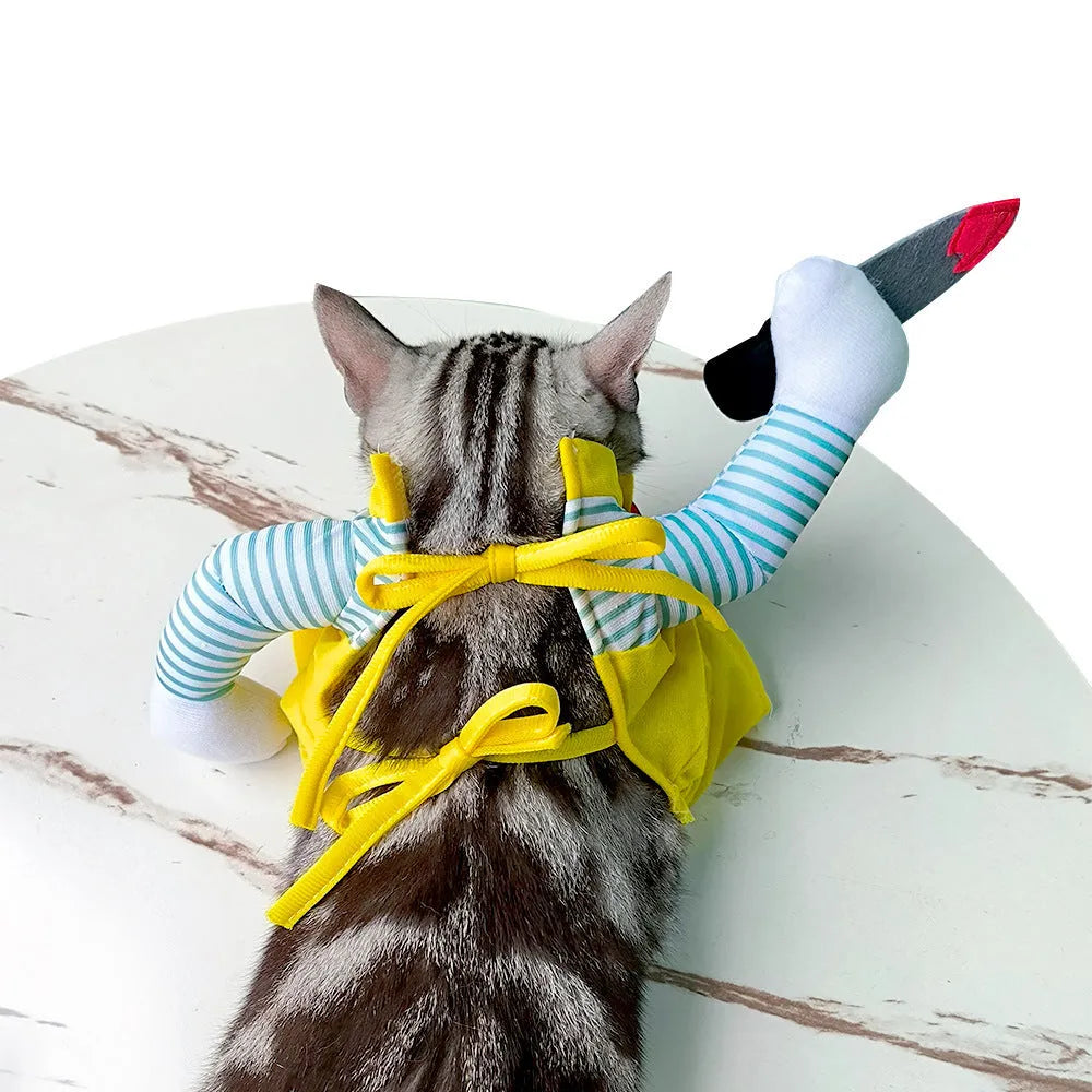 Yellow knife assassin themed polyester costume clothing for a cat.
