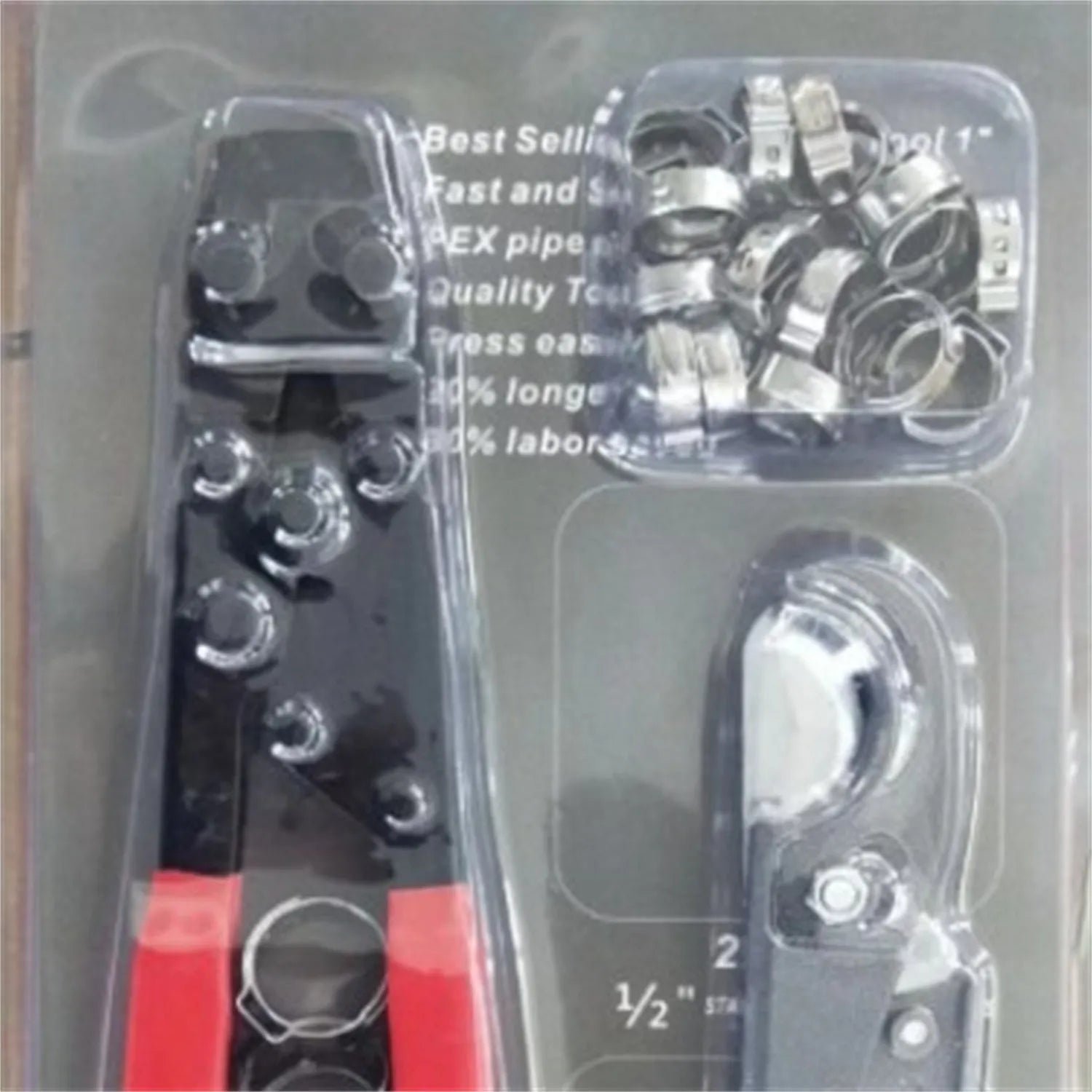 Red cloth PEX clamp set with carbon steel cutting edge for secure plumbing connections