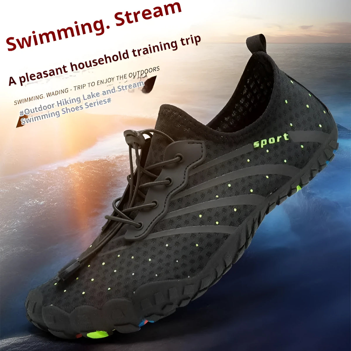 Fast drainage beach swimming shoes in army green with mesh upper and rubber sole for wading and hiking