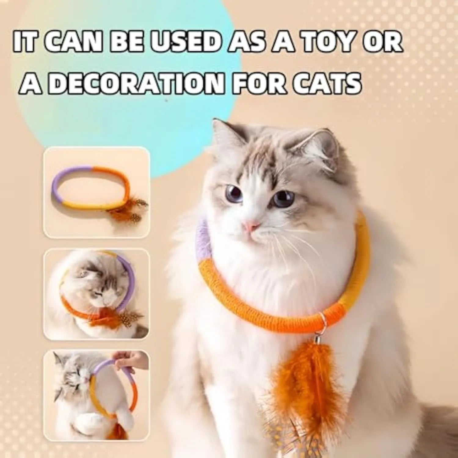 Circular green cotton rope cat toy with white feathers attached on a wooden floor.