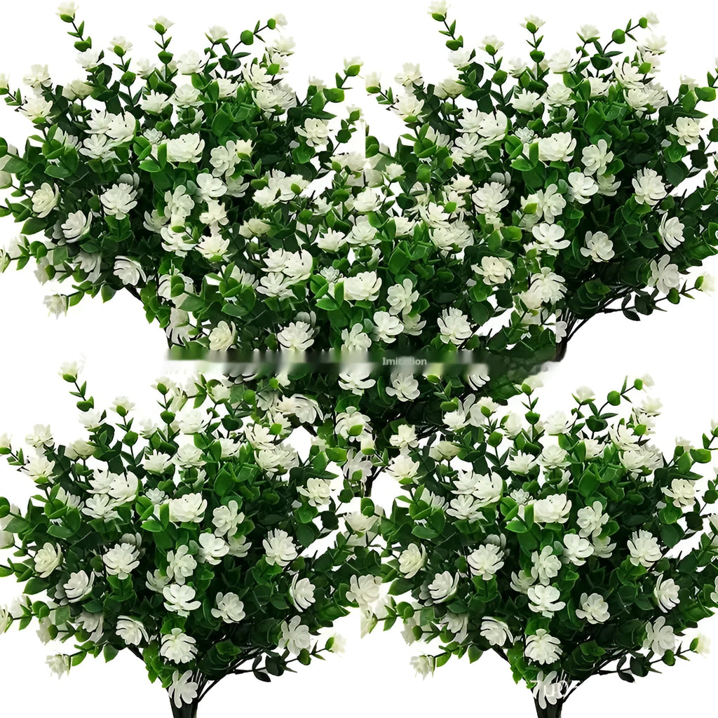 Emulational plastic artificial bouquet with eucalyptus and camellia design in mixed colours on white background