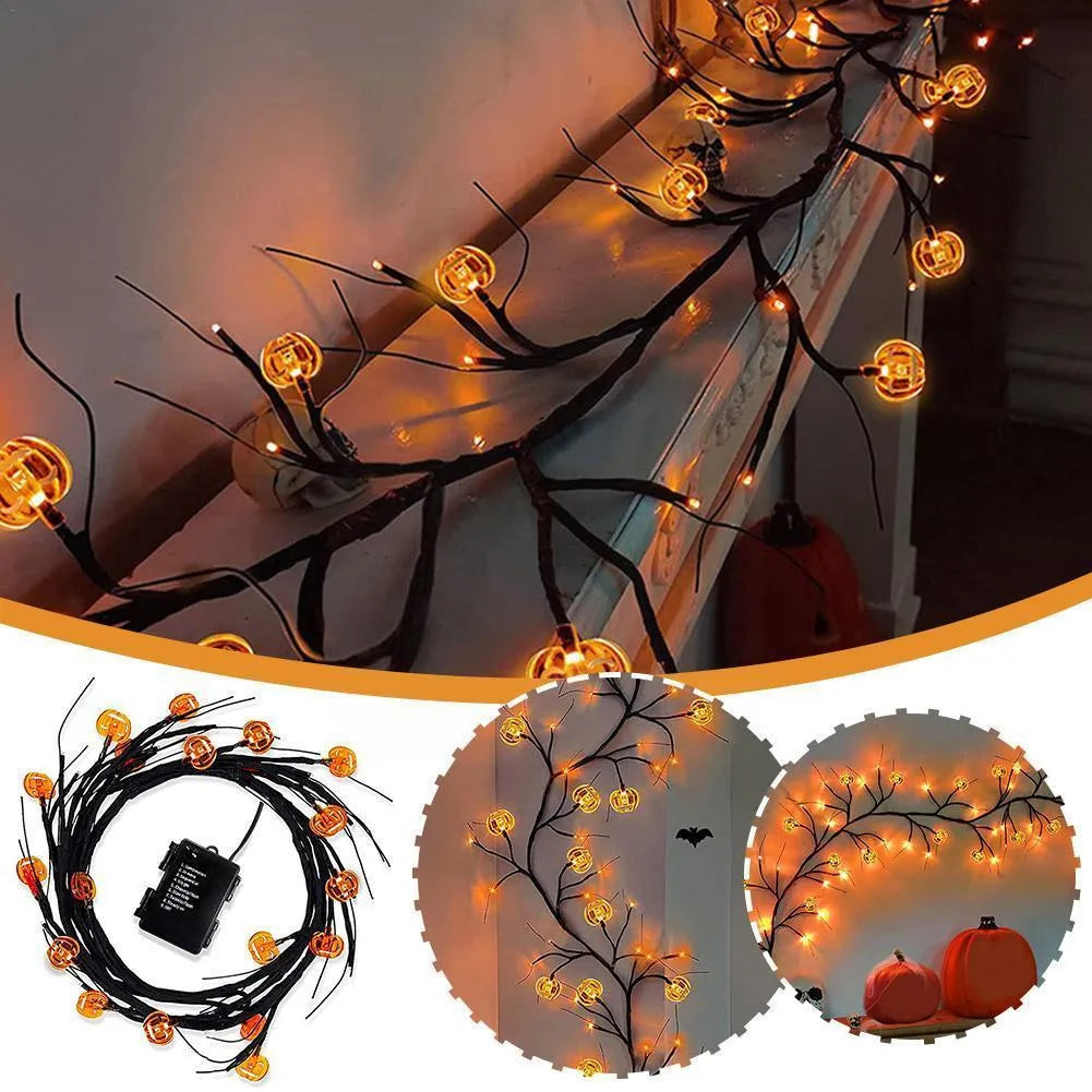 Halloween LED willow vine string light with 18 bat or pumpkin rattan lights, 100 LEDs and 2000 mm length