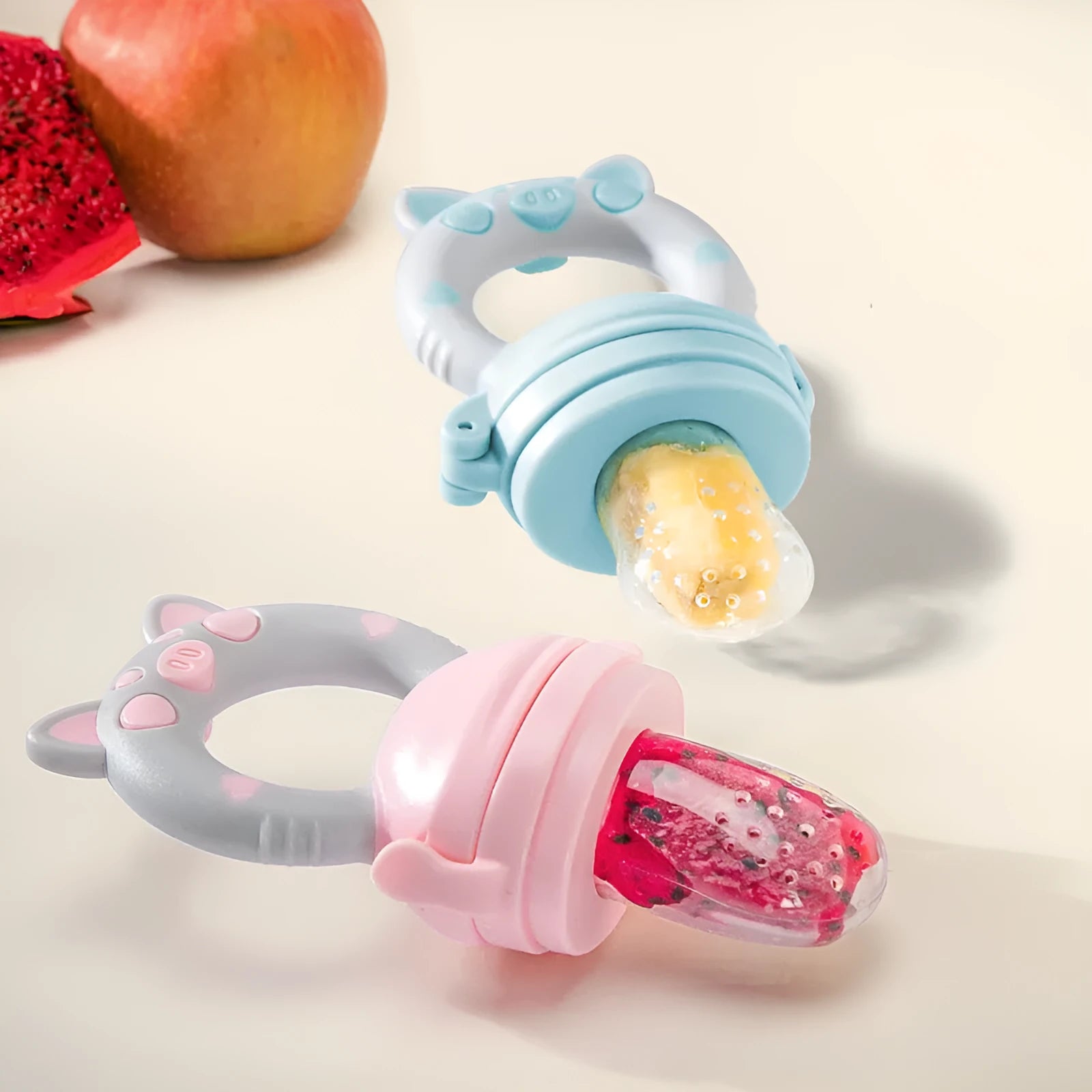 Blue, green, and pink silicone baby teethers showing both single and triple mouthpiece design options.