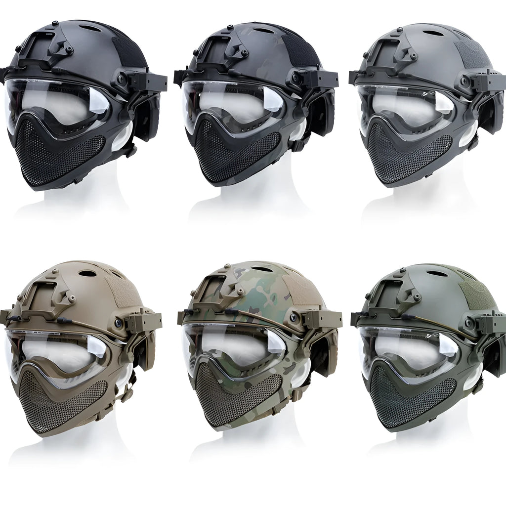 ABS integrated helmet with loading and unloading mask, shown in black, green, sand, CP, black CP and grey, sizes M and L
