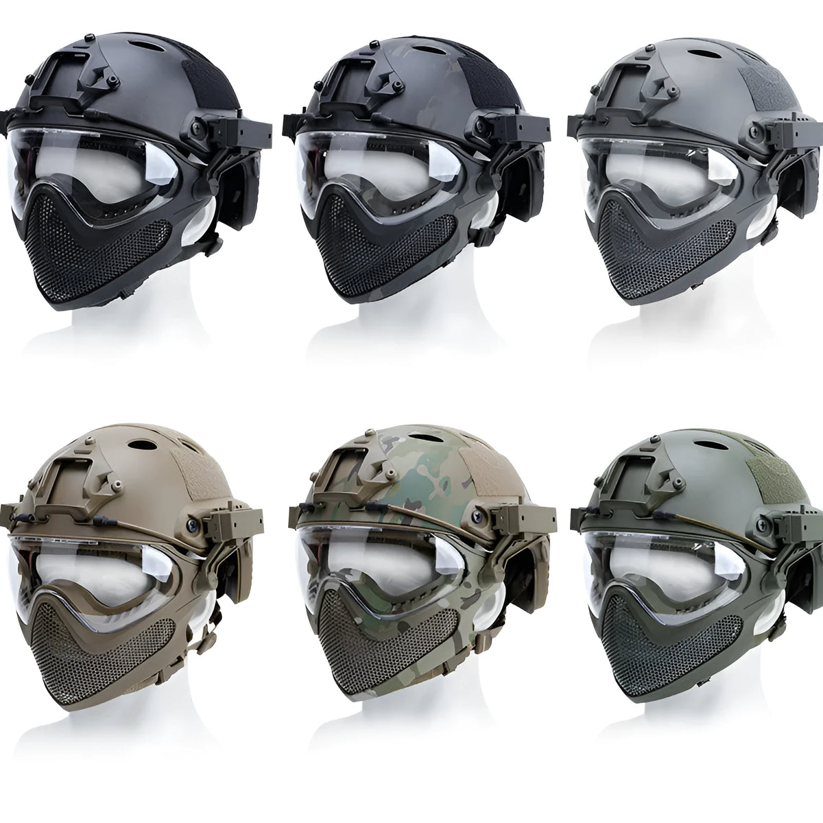 ABS integrated helmet with loading and unloading mask, shown in black, green, sand, CP, black CP and grey, sizes M and L