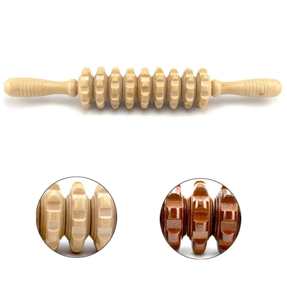 Wooden muscle massage roller stick, 39cm long with 18cm roller, 270g, five styles
