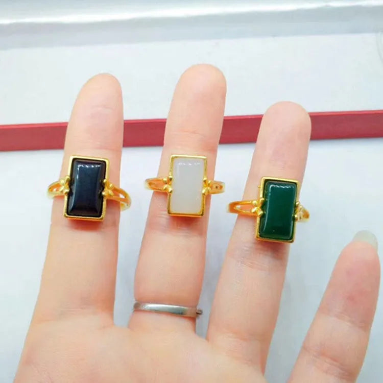 Adjustable brass gold-plated ring with electroplated artificial gemstone inlay in national style design
