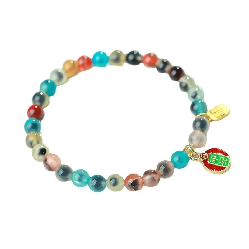 Women's natural agate bracelet with colourful sugar heart glaze and copper coin snake geometric design