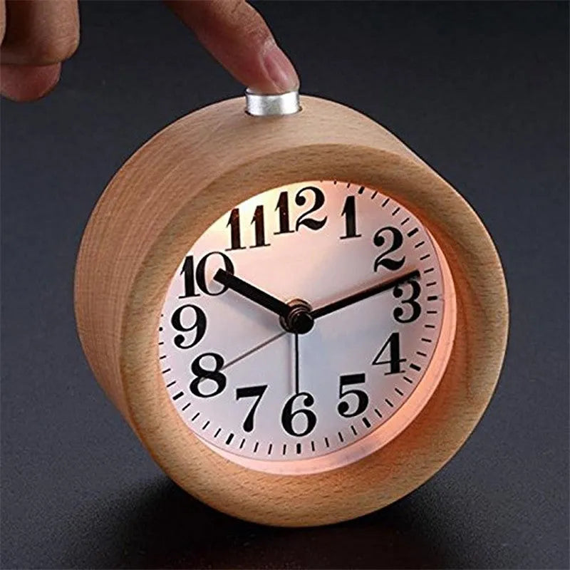 Solid beech wood alarm clock with 4-inch mirror dial and wooden casing