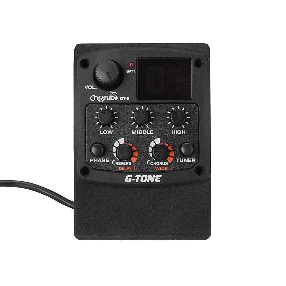 Black Cherub GT-6 acoustic guitar EQ pickup unit with control knobs for soundhole mounting.