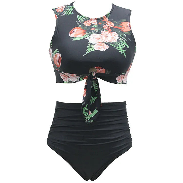 High waist two-piece bikini swimsuit with nylon fabric, sleeveless top, and briefs style, sizes S to 3XL