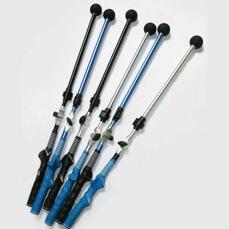 Golf folding swing trainer with aluminium shaft and rubber grip, extendable from 79cm to 110cm, in black or blue