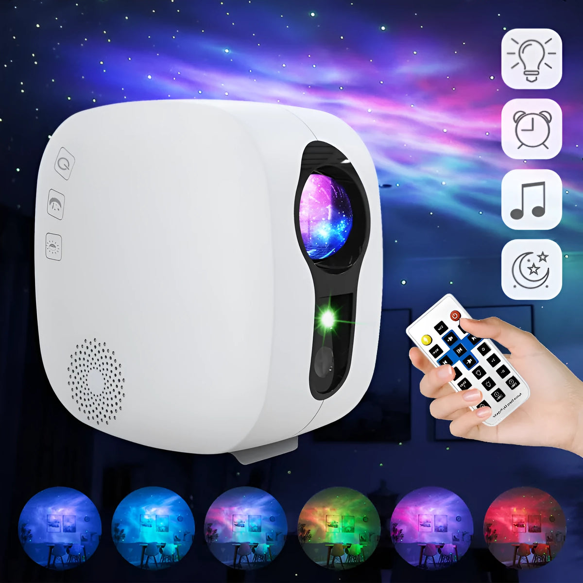 Black and white star projector showing laser nebula moon projection with Bluetooth connectivity